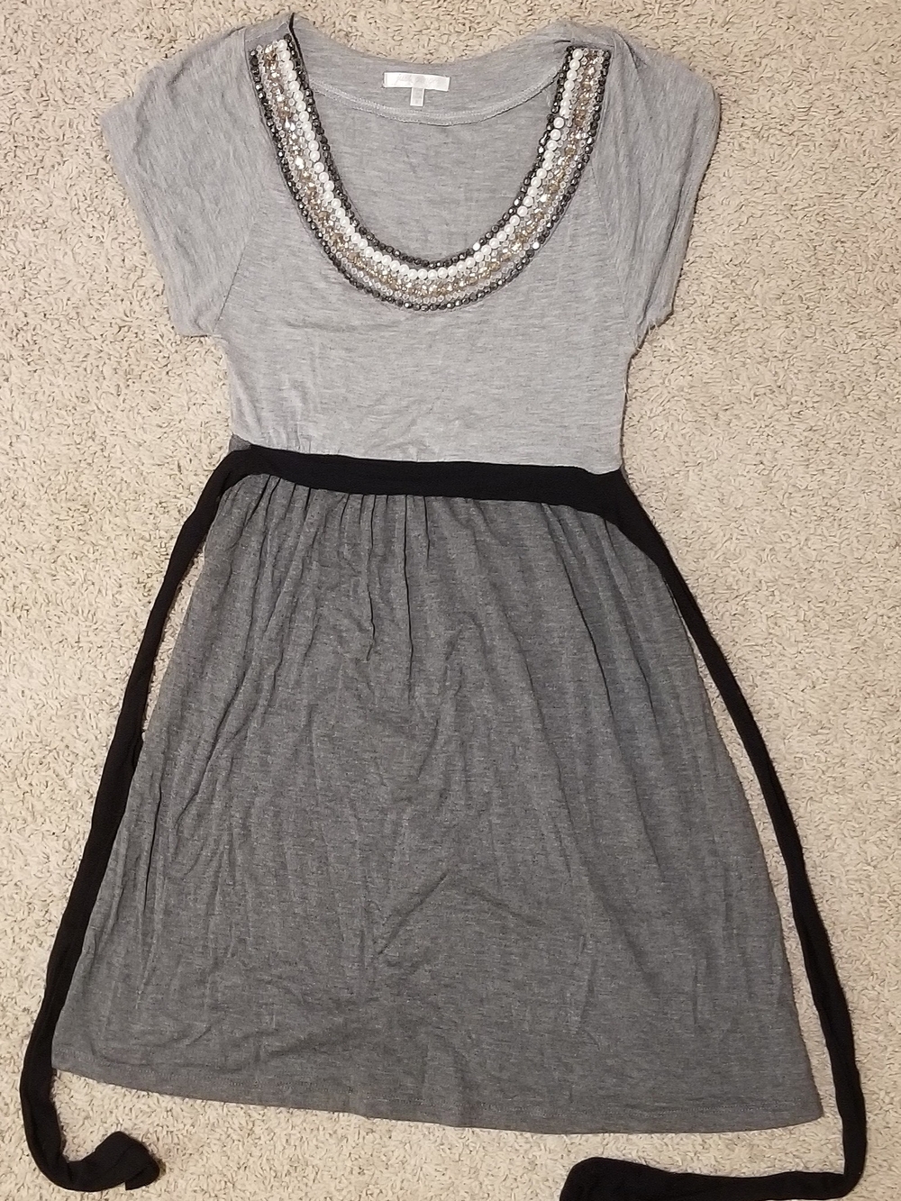 Gray Short-Sleeve Scoop Neck Dress with Embellished Collar